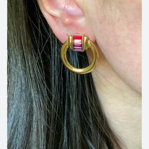 Earrings Vintage 80s Roman Gold Tone Pink Gradient Baguette Stones Doorknocker